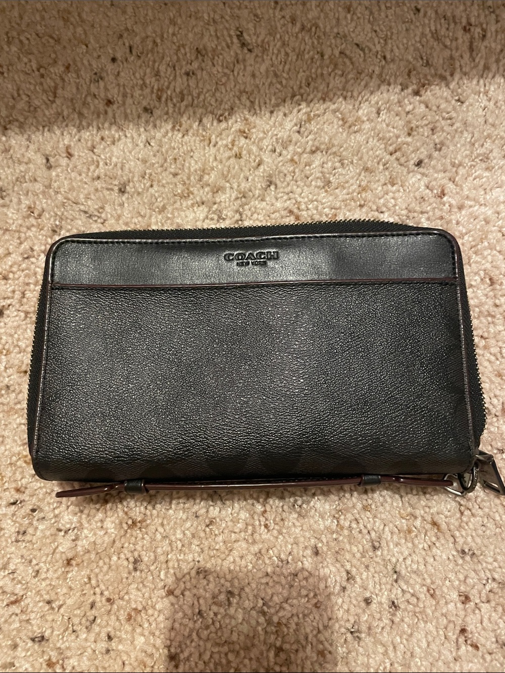 Coach Black Men’s Zip-Around Leather Wallet with Brown Trim
